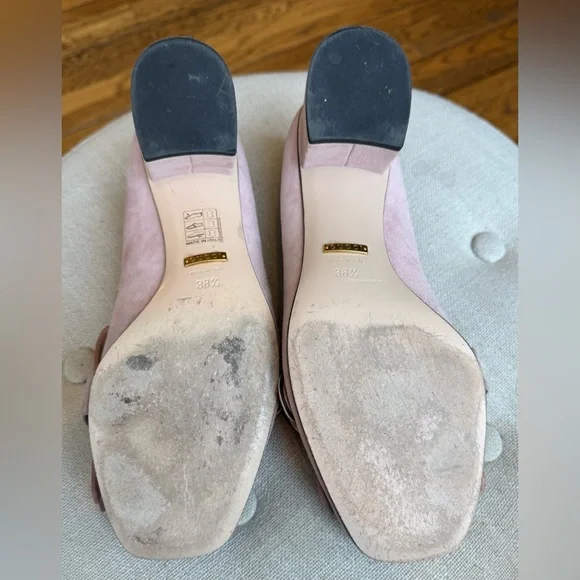 Gucci GG Kiltie Fringe Mid Heel Crystal Pink Suede w/ Gold Pump Women's 38.5 - Picture 14 of 16